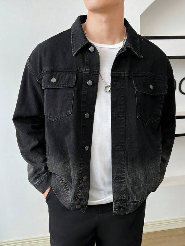 Men Flap Pocket Drop Shoulder Denim Jacket