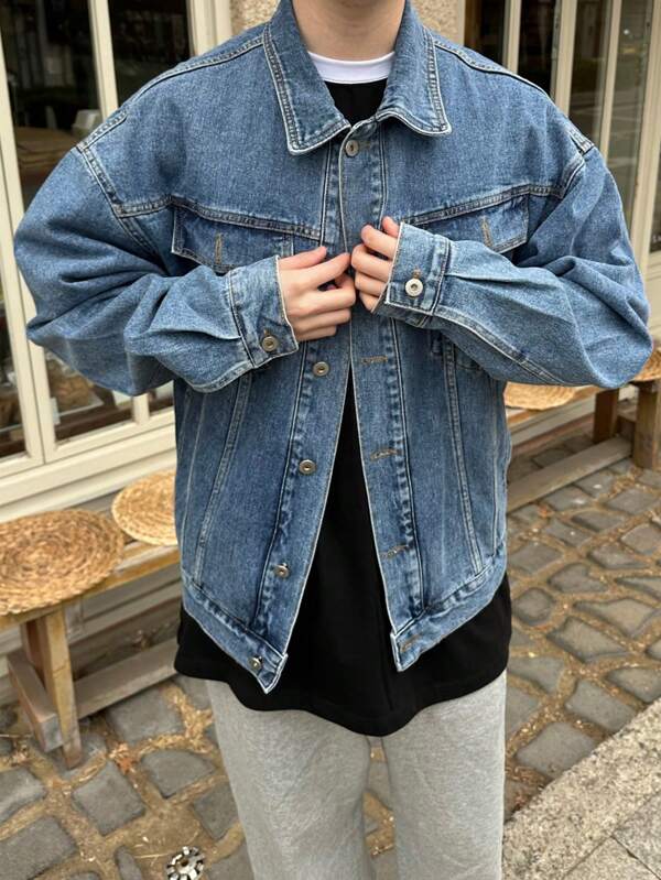 Men Flap Pocket Drop Shoulder Denim Jacket