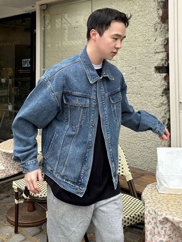 Men Flap Pocket Drop Shoulder Denim Jacket