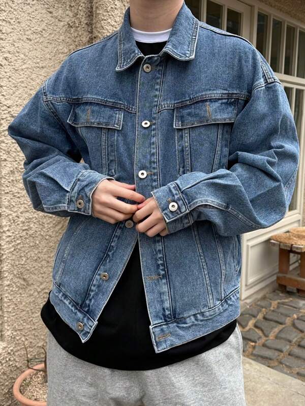 Men Flap Pocket Drop Shoulder Denim Jacket