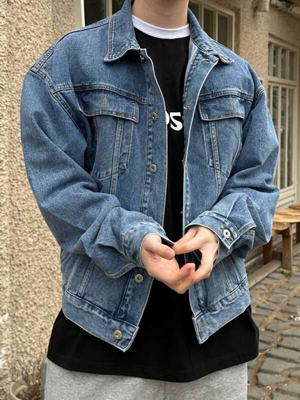 Men Flap Pocket Drop Shoulder Denim Jacket