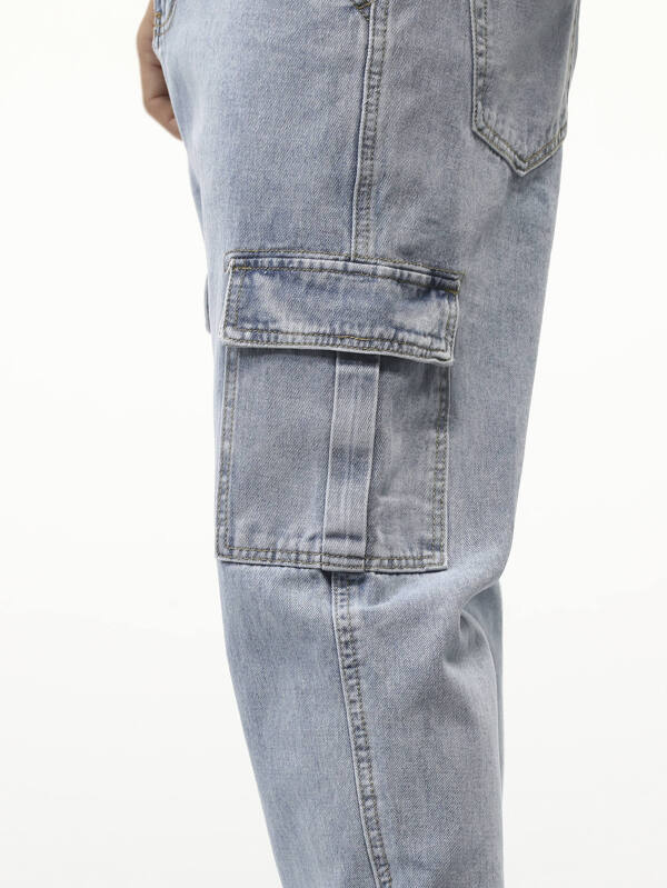 Men Cotton Flap Pocket Side Cargo Jeans