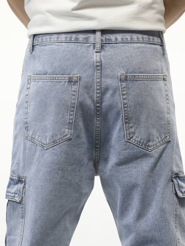 Men Cotton Flap Pocket Side Cargo Jeans