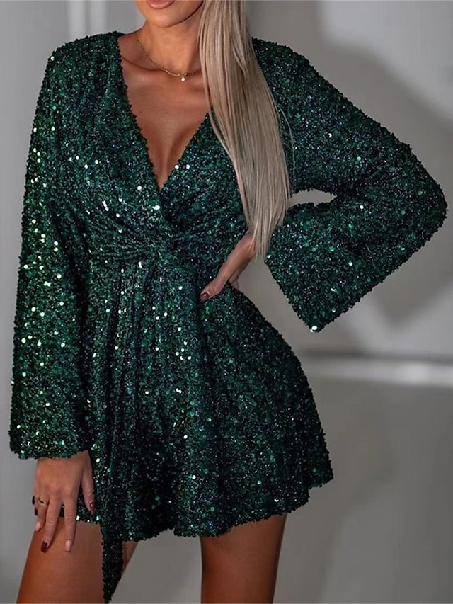 Women's Party Dress Sequin Dress Cocktail Dress Mini Dress Black Dark Green Gray Long Sleeve Pure Color Sequins Spring Fall Winter V Neck Fashion Wedding Guest Birthday Vacation 2023