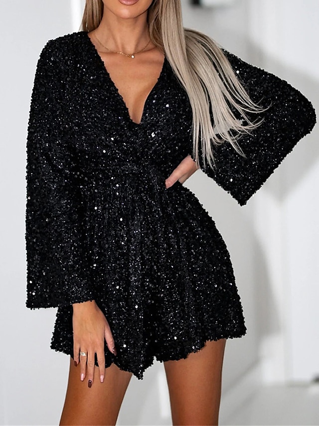 Women's Party Dress Sequin Dress Cocktail Dress Mini Dress Black Dark Green Gray Long Sleeve Pure Color Sequins Spring Fall Winter V Neck Fashion Wedding Guest Birthday Vacation 2023