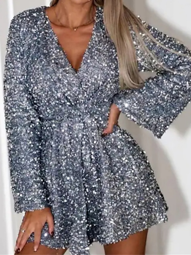 Women's Party Dress Sequin Dress Cocktail Dress Mini Dress Black Dark Green Gray Long Sleeve Pure Color Sequins Spring Fall Winter V Neck Fashion Wedding Guest Birthday Vacation 2023