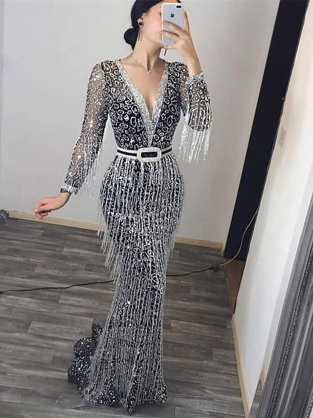 Women's Sequin Dress Fringe Dress Prom Dress Party Dress Sparkly Dress Black Dress Black Long Dress Maxi Dress Long Sleeve Fall Winter Autumn Deep V Fashion Guest Birthday