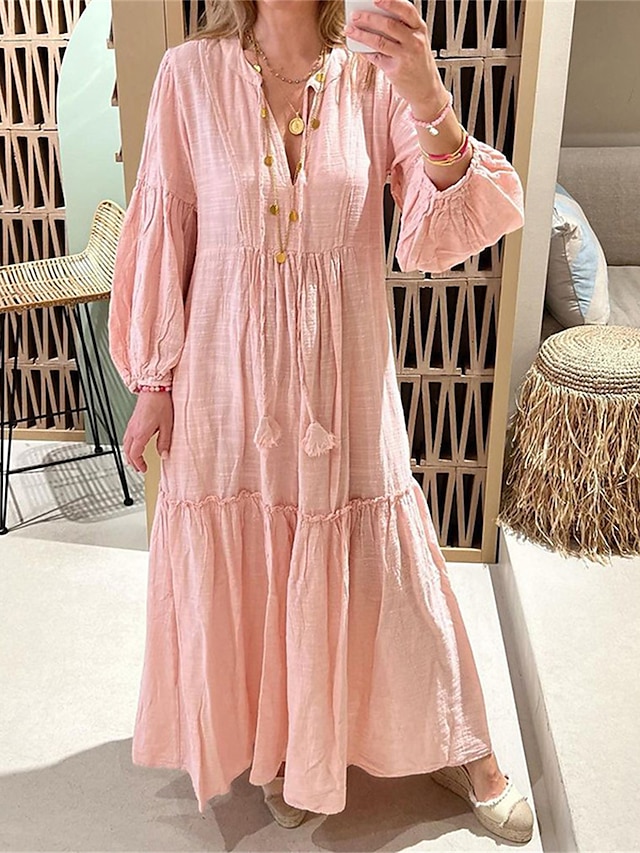 Women's Casual Dress Cotton Linen Dress Swing Dress Maxi long Dress Cotton Blend Basic Casual Outdoor Daily Vacation V Neck Pocket Cut Out Long Sleeve Summer Spring Fall 2023 Regular Fit Pink Plain S