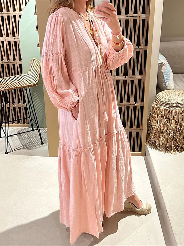 Women's Casual Dress Cotton Linen Dress Swing Dress Maxi long Dress Cotton Blend Basic Casual Outdoor Daily Vacation V Neck Pocket Cut Out Long Sleeve Summer Spring Fall 2023 Regular Fit Pink Plain S