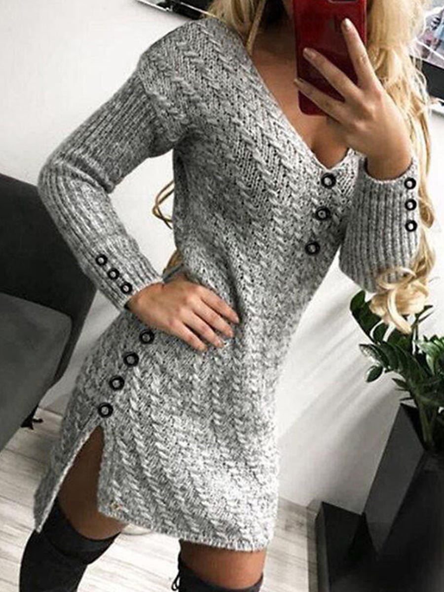 Women‘s Sweater Dress Winter Dress Bodycon Mini Dress Gray Long Sleeve Pure Color Button Fall Winter Autumn V Neck Elegant Winter Dress Fall Dress