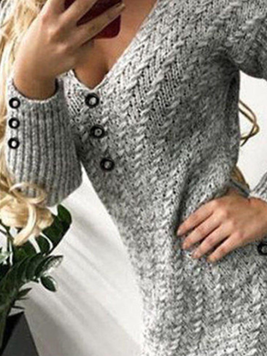 Women‘s Sweater Dress Winter Dress Bodycon Mini Dress Gray Long Sleeve Pure Color Button Fall Winter Autumn V Neck Elegant Winter Dress Fall Dress