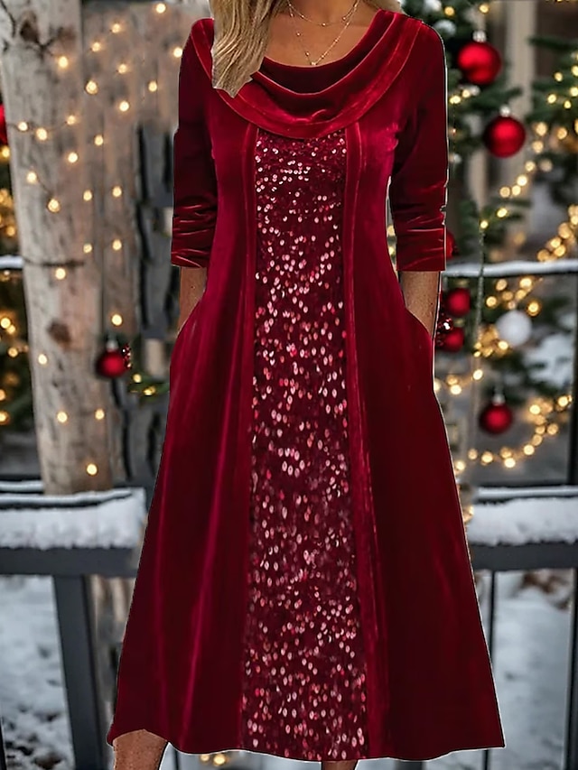 Women's Sequin Dress Velvet Dress Party Dress Sparkly Dress Christmas Midi Dress Wine Long Sleeve Sparkly Glitter Spring Fall Winter Crew Neck Fashion Winter Dress Wedding Guest