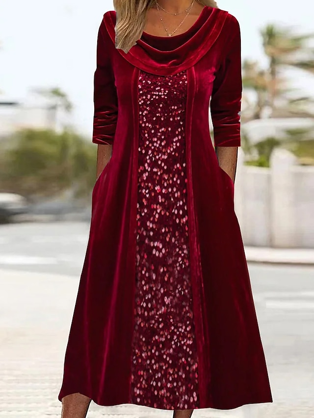 Women's Sequin Dress Velvet Dress Party Dress Sparkly Dress Christmas Midi Dress Wine Long Sleeve Sparkly Glitter Spring Fall Winter Crew Neck Fashion Winter Dress Wedding Guest