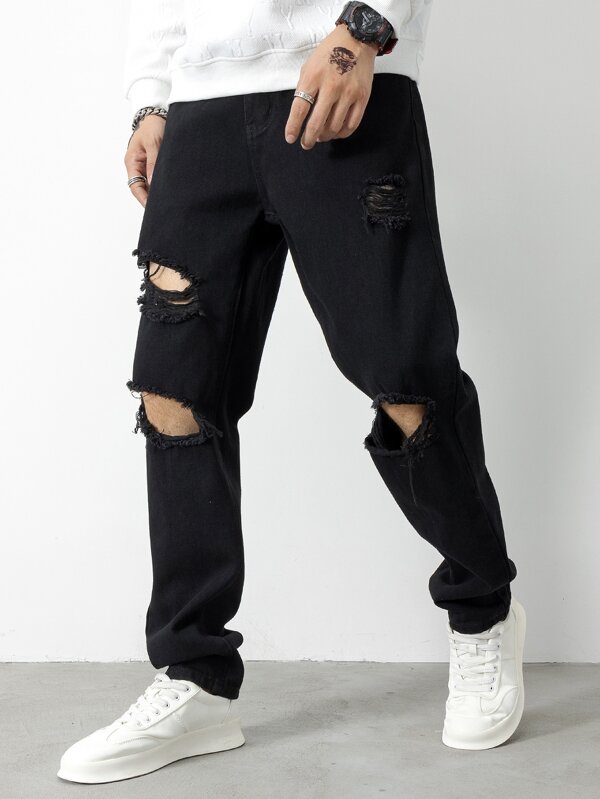 Men Cotton Ripped Straight Leg Jeans