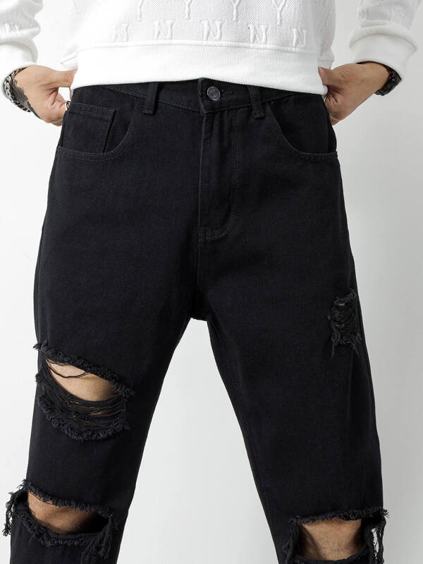 Men Cotton Ripped Straight Leg Jeans