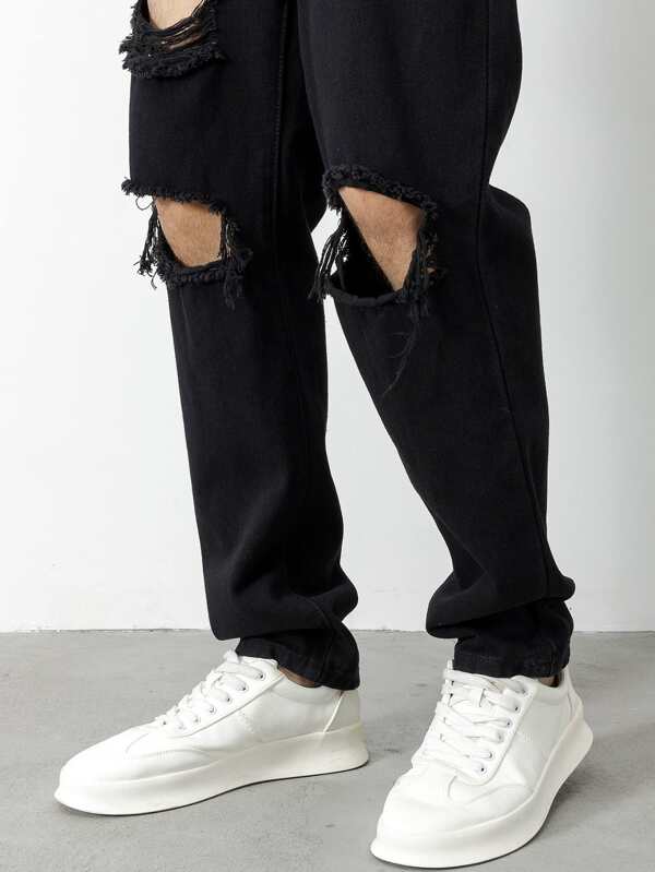 Men Cotton Ripped Straight Leg Jeans