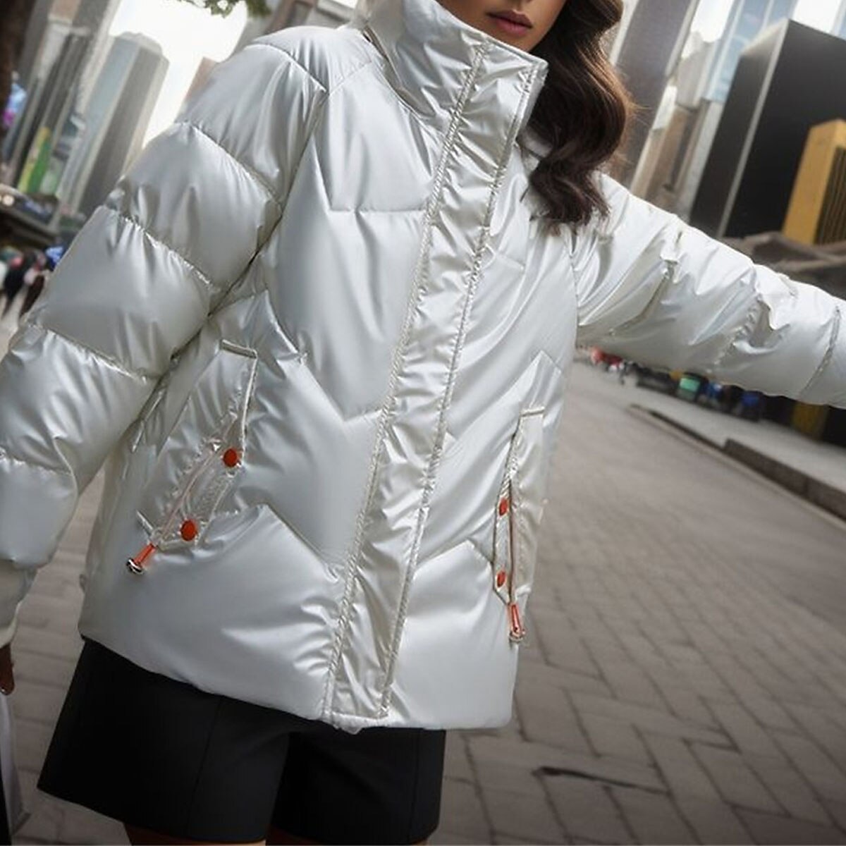 Women's Puffer Coat Qulied Jacket Winter Waterproof Parka Silver Winter Coat Windproof Warm Zip up Outerwear with Pockets Fashion Street Outerwear Long Sleeve