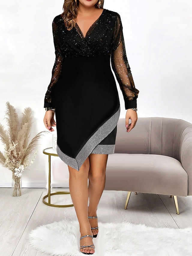 Women's Plus Size Black Dress Sequin Dress Party Dress Mini Dress Black Wine Long Sleeve Pure Color Sequins Spring Fall Winter V Neck Fashion Winter Dress Christmas Wedding Guest 2023