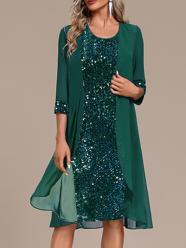 Women'Sequin Dress Party Dress Sparkly Dress Two Piece Dress Set Fashion Elegant Patchwork Sequin Midi Dress Crew Neck Long Sleeve Plain Regular Fit Green Fall Winter