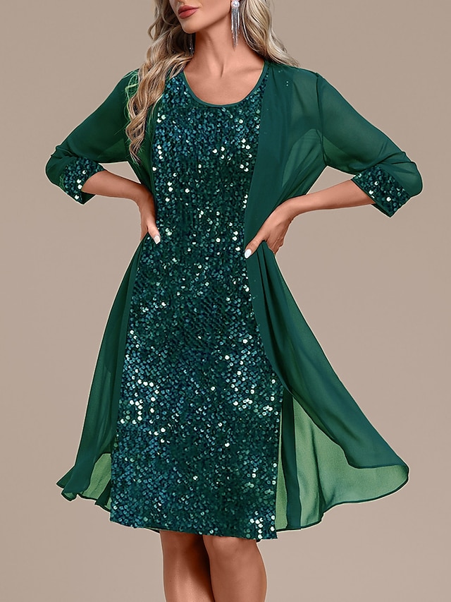 Women'Sequin Dress Party Dress Sparkly Dress Two Piece Dress Set Fashion Elegant Patchwork Sequin Midi Dress Crew Neck Long Sleeve Plain Regular Fit Green Fall Winter