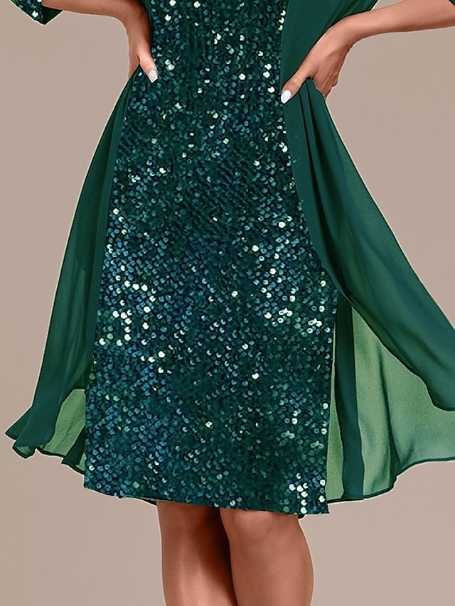 Women'Sequin Dress Party Dress Sparkly Dress Two Piece Dress Set Fashion Elegant Patchwork Sequin Midi Dress Crew Neck Long Sleeve Plain Regular Fit Green Fall Winter