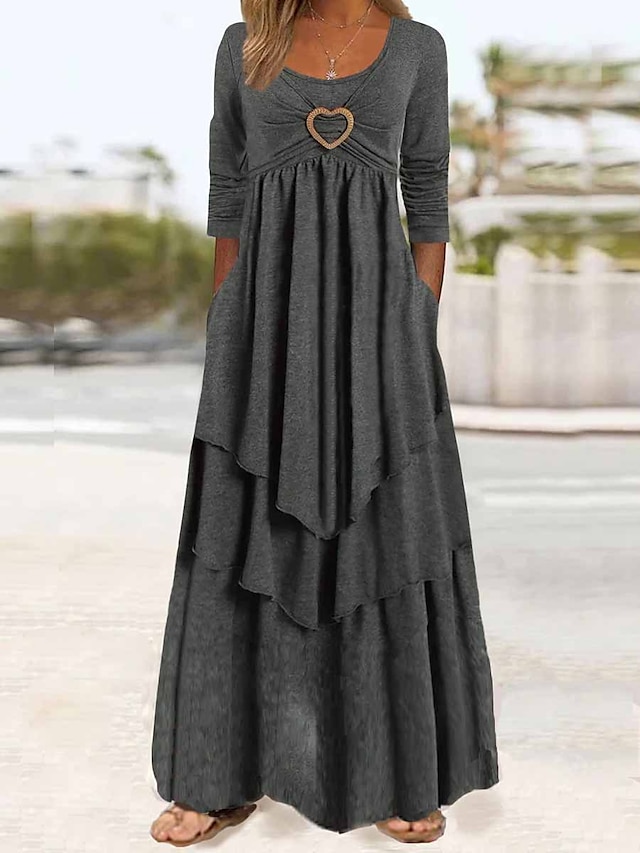 Women's Casual Dress Swing Dress A Line Dress Long Dress Maxi Dress Polyester Basic Modern Outdoor Daily Weekend Crew Neck Ruffle Pocket 3/4 Length Sleeve Summer Spring Fall 2023 Regular Fit Gray