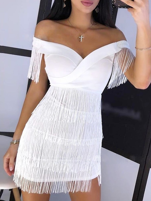 Women's Sequin Dress Fringe Dress Party Dress Sparkly Dress Dress Homecoming Dress Mini Dress Black White Sleeveless Tassel Fall Spring V Neck Fashion Birthday