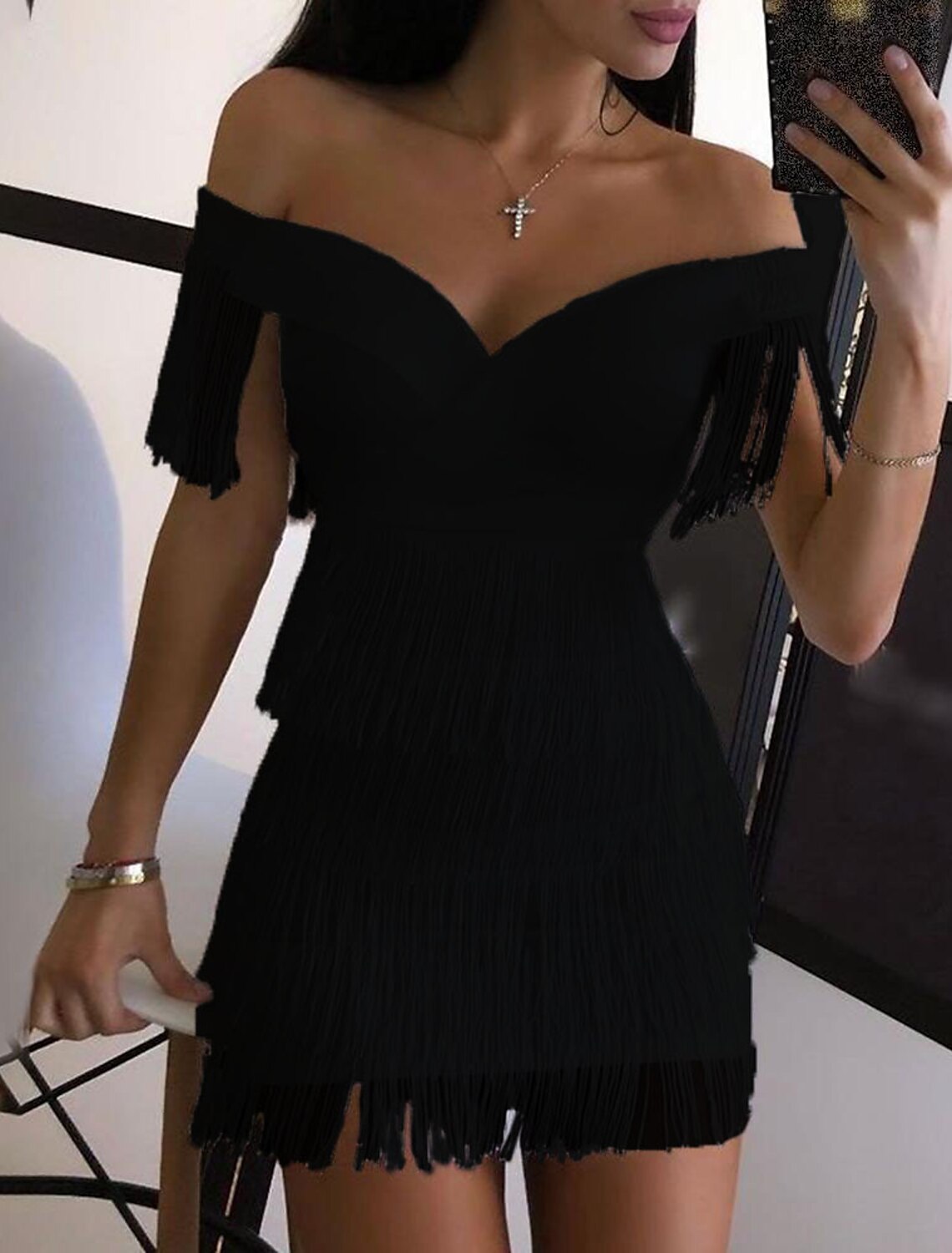 Women's Sequin Dress Fringe Dress Party Dress Sparkly Dress Dress Homecoming Dress Mini Dress Black White Sleeveless Tassel Fall Spring V Neck Fashion Birthday