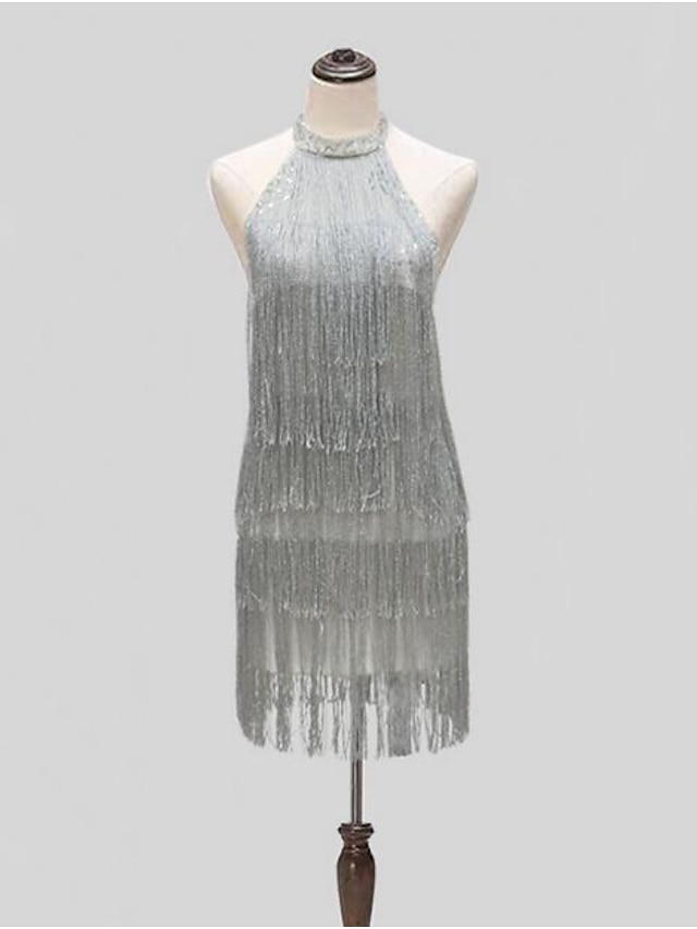 Women's Sequin Dress Fringe Dress Party Dress Sparkly Dress Homecoming Dress Mini Dress Silver Sleeveless Tassel Spring Halter Neck Hot Evening Spring Dress