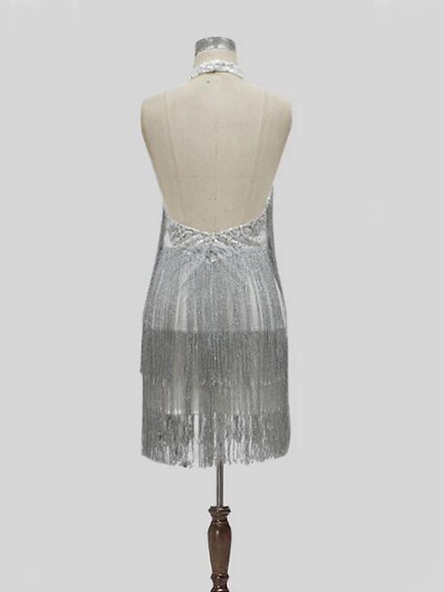 Women's Sequin Dress Fringe Dress Party Dress Sparkly Dress Homecoming Dress Mini Dress Silver Sleeveless Tassel Spring Halter Neck Hot Evening Spring Dress