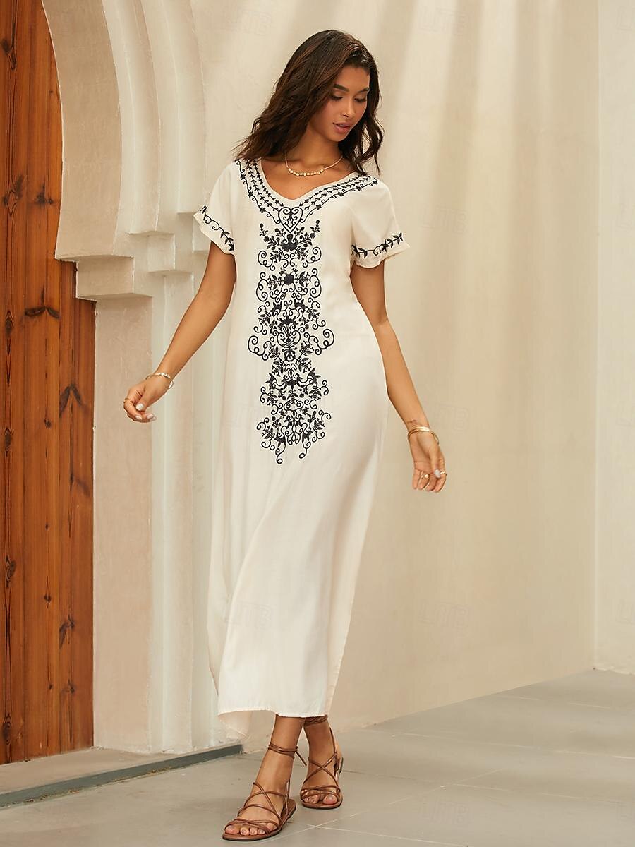 Women's Embroidered Vintage Dress Long Dress Maxi Dress Floral V Neck Short Sleeve Summer Spring White