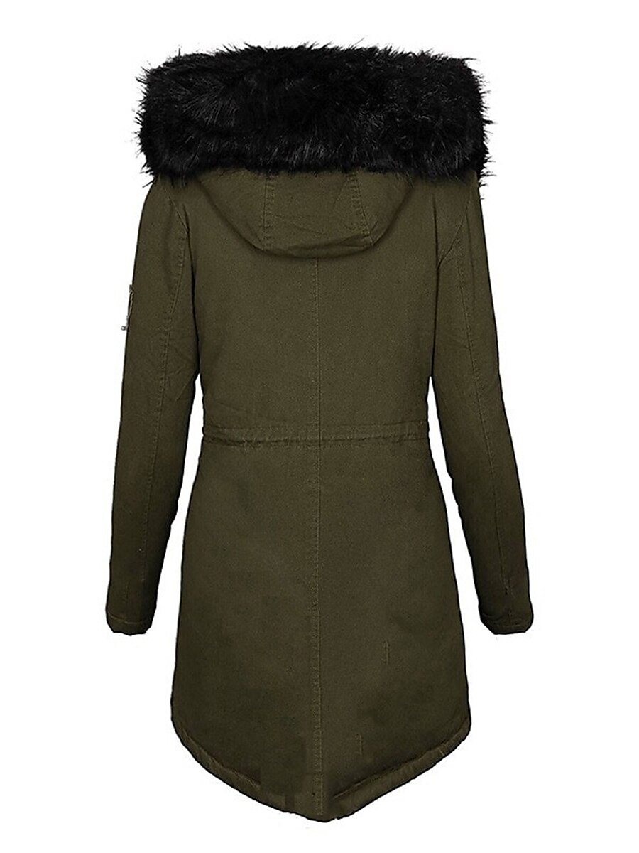 Women's Parka Fleece Puffer Jacket Winter Thicken Coat Warm Windproof Outerwear with Fur Collar Drawstring Zip up Stylish Casual Street Jacket with Pockets Long Sleeve Black Army Green Navy Blue