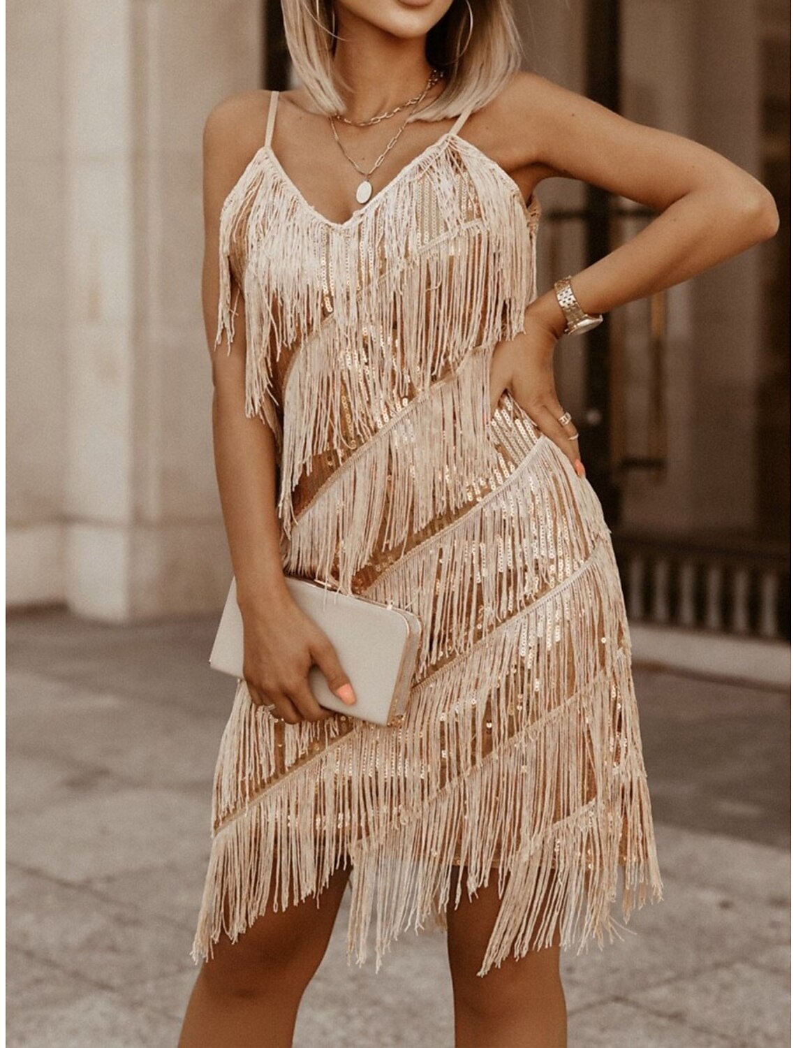 Women's Sequin Dress Fringe Dress Gold Dress Party Dress Sparkly Dress Christmas Dress Mini Dress Sleeveless Tassel Spring Fall Winter Spaghetti Strap Fashion Winter Dress Evening