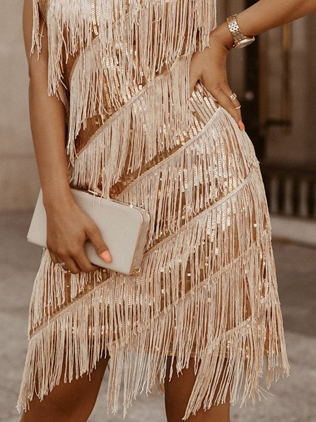 Women's Sequin Dress Fringe Dress Gold Dress Party Dress Sparkly Dress Christmas Dress Mini Dress Sleeveless Tassel Spring Fall Winter Spaghetti Strap Fashion Winter Dress Evening