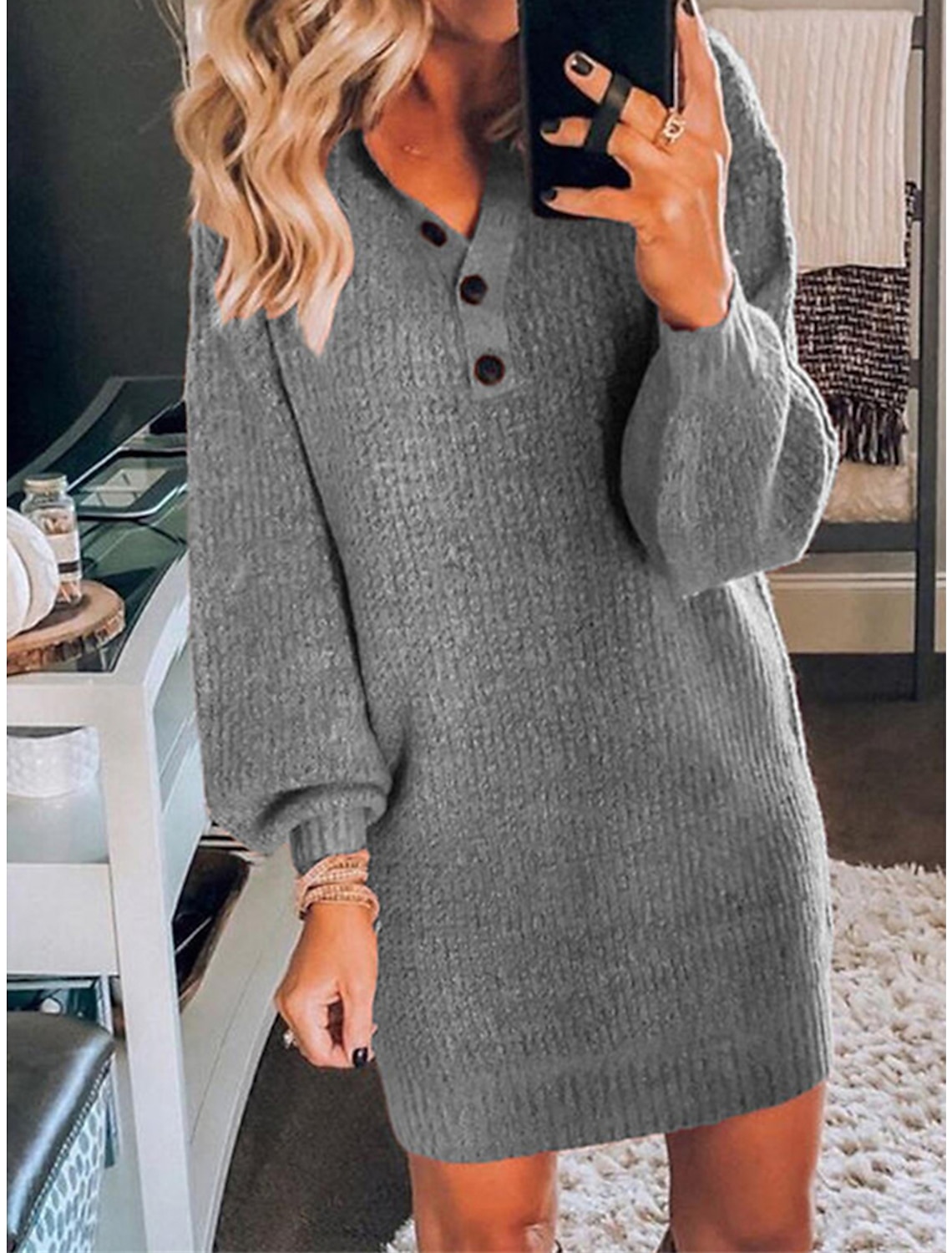 Women's Sweater Dress Winter Dress Jumper Dress Mini Dress Button Outdoor Street Daily Fashion Streetwear V Neck Long Sleeve