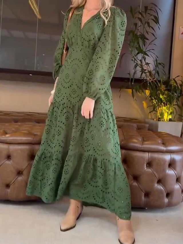 Women's Casual Dress Cotton Linen Dress Swing Dress Maxi long Dress Linen / Cotton Blend Fashion Modern Outdoor Daily Vacation V Neck Ruffle Eyelet Long Sleeve Spring Fall Autumn 2023 Loose Fit Green