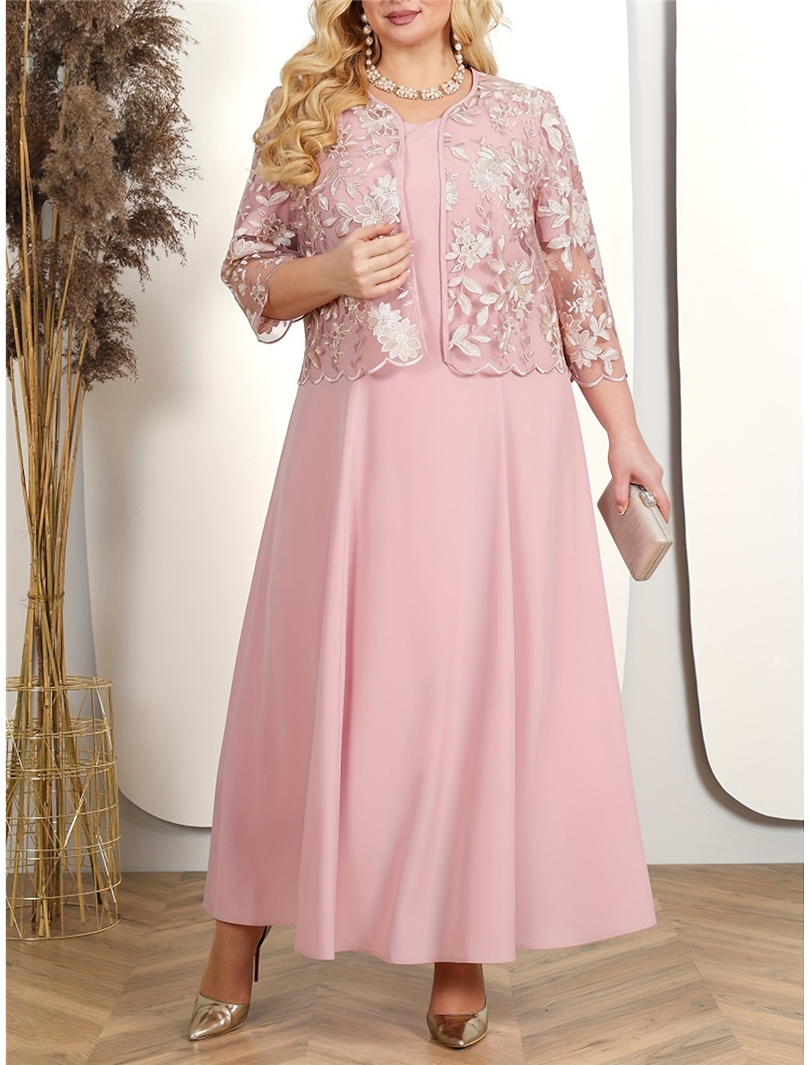 Women's Plus Size Two Piece Dress Set Lace Dress Party Dress Semi Formal Dress Party Wedding Guest Elegant Fashion Lace Embroidered Long Dress Maxi Dress Crew Neck 3/4 Length Sleeve Plain Regular Fit