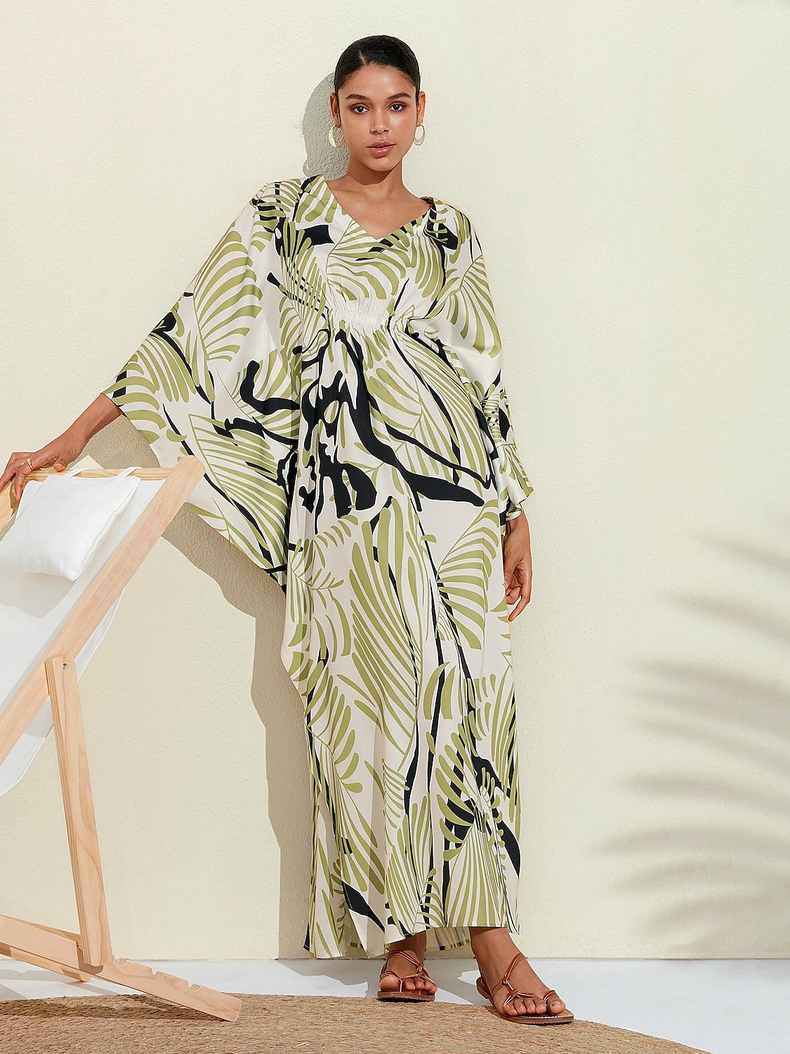 Satin Floral V Neck Maxi Dress Kaftan Dress