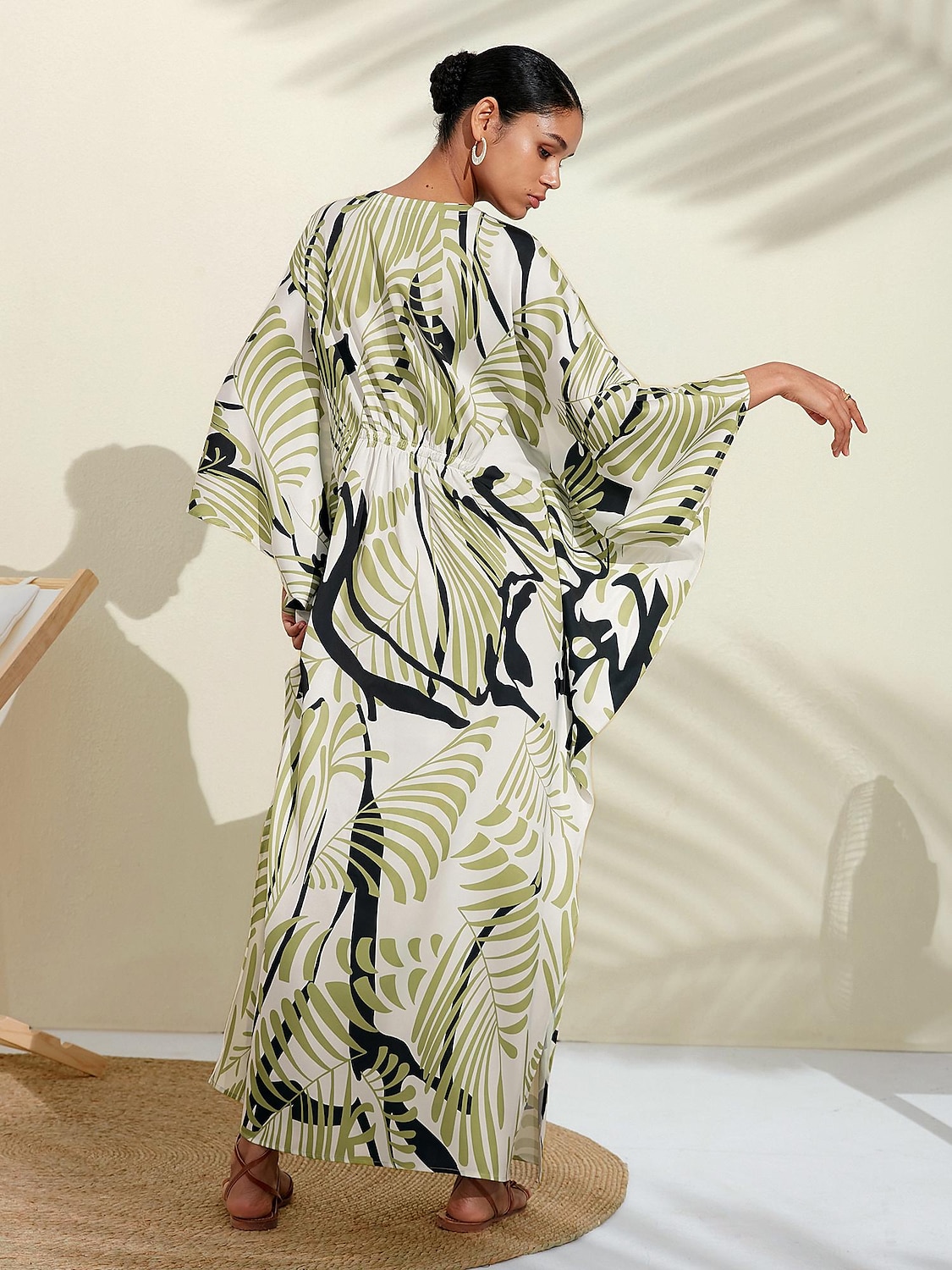 Satin Floral V Neck Maxi Dress Kaftan Dress