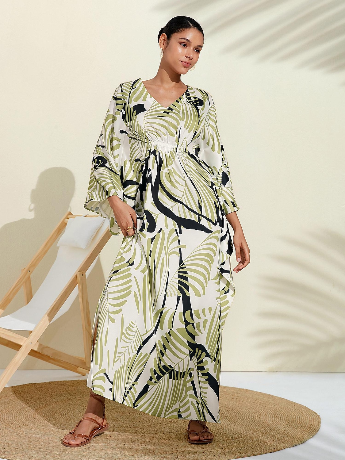 Satin Floral V Neck Maxi Dress Kaftan Dress