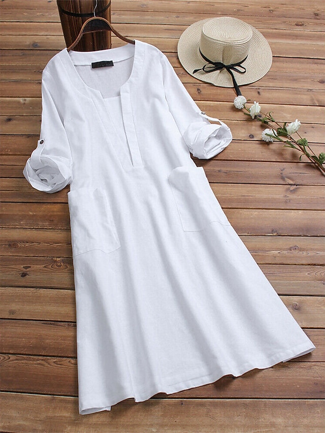 Women's Casual Dress Cotton Linen Dress Swing Dress Midi Dress Cotton Blend Basic Casual Outdoor Daily Vacation V Neck Pocket Long Sleeve Summer Spring Fall 2023 Loose Fit White Blue Plain M L XL 2XL