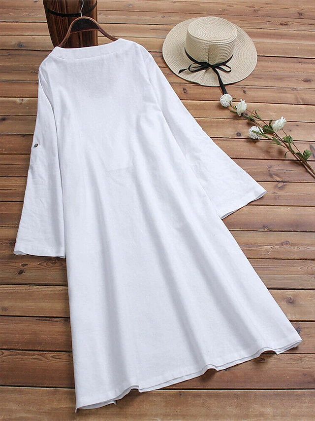 Women's Casual Dress Cotton Linen Dress Swing Dress Midi Dress Cotton Blend Basic Casual Outdoor Daily Vacation V Neck Pocket Long Sleeve Summer Spring Fall 2023 Loose Fit White Blue Plain M L XL 2XL