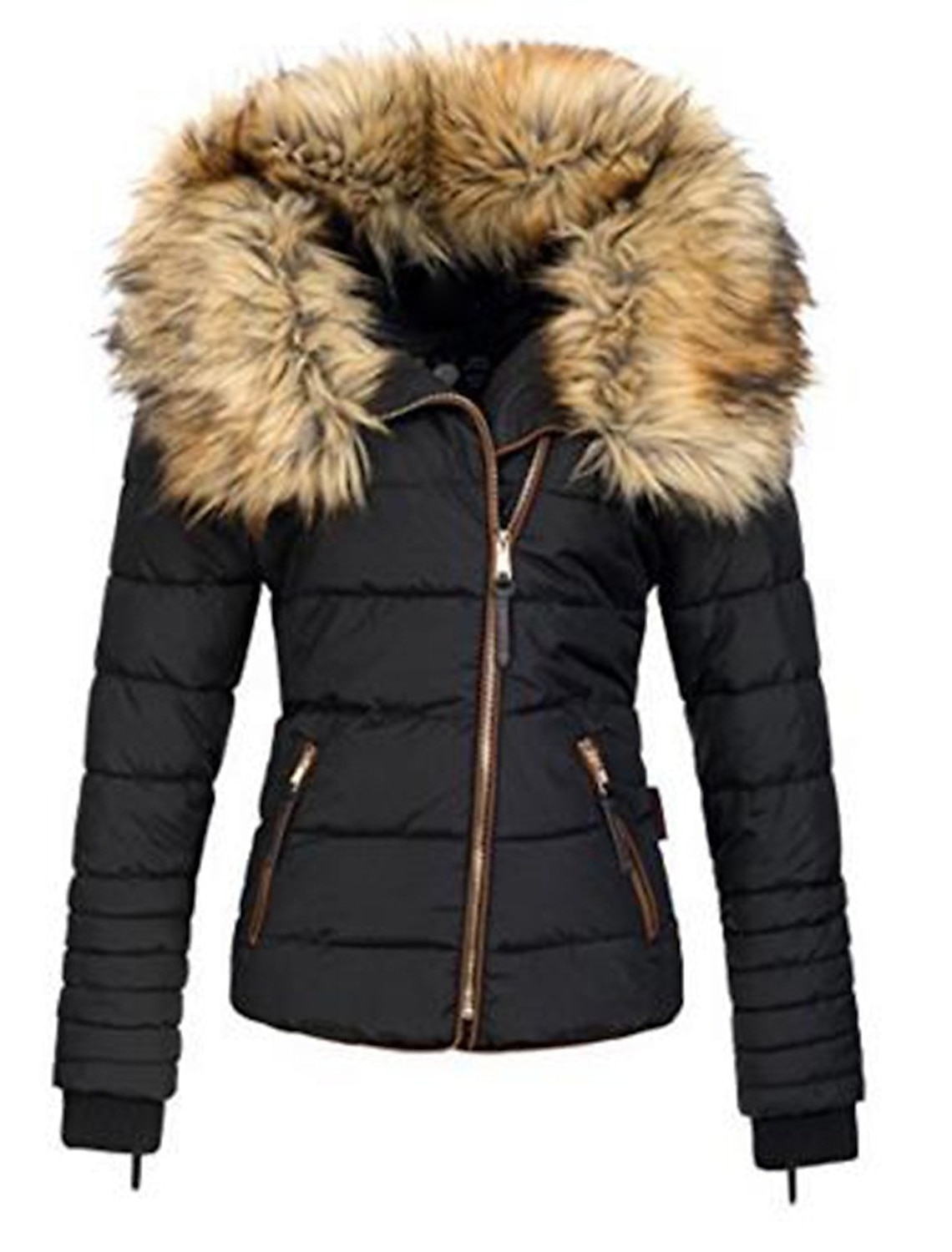 Women's Parka Fleece Puffer Jacket Winter Thicken Coat with Fur Collar Fall Drawstring Warm Heated Jacket with Pockets Long Sleeve Black