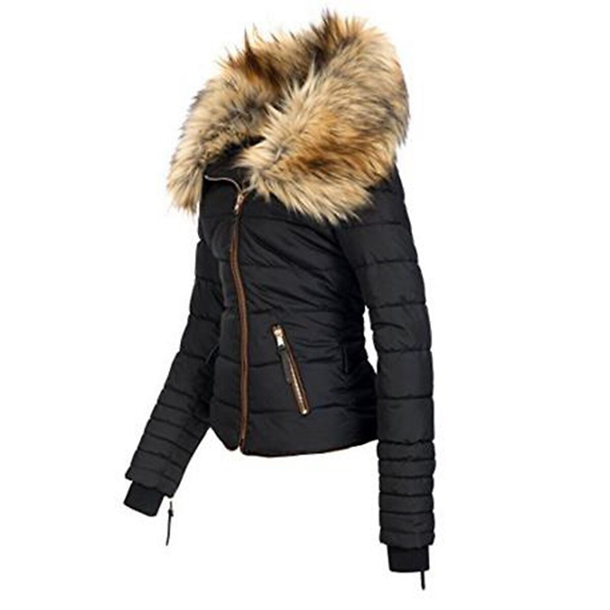 Women's Parka Fleece Puffer Jacket Winter Thicken Coat with Fur Collar Fall Drawstring Warm Heated Jacket with Pockets Long Sleeve Black