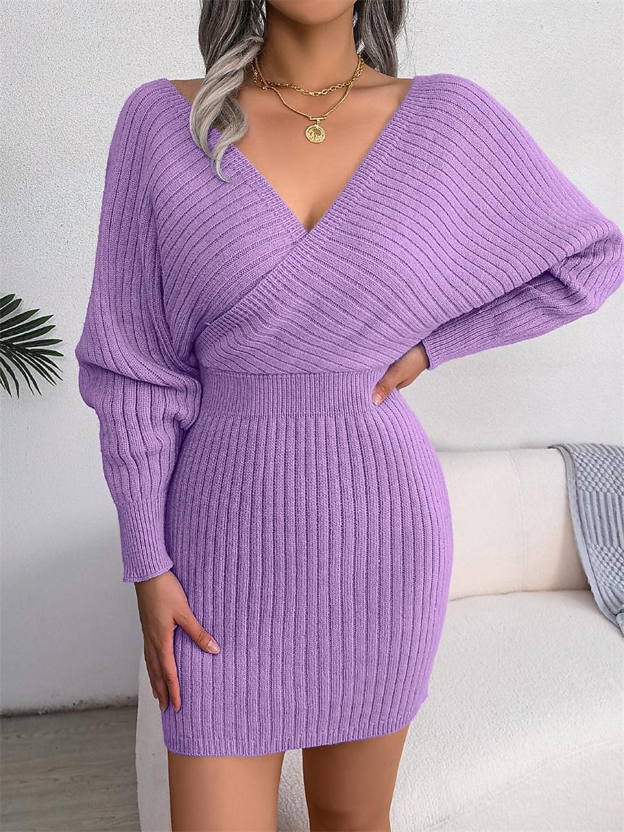 Women's Sweater Dress Jumper Dress Casual Dress Mini Dress Warm Pure Color Outdoor Casual Daily Going out Surplice Neck Long Sleeve