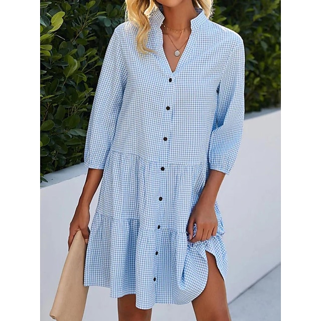 Women's Shirt Dress Casual Dress Cotton Linen Dress Mini Dress Cotton Cotton Blend Fashion Modern Outdoor Daily Date Split Neck Button Print 3/4 Length Sleeve Summer Spring Fall 2023 Loose Fit Blue