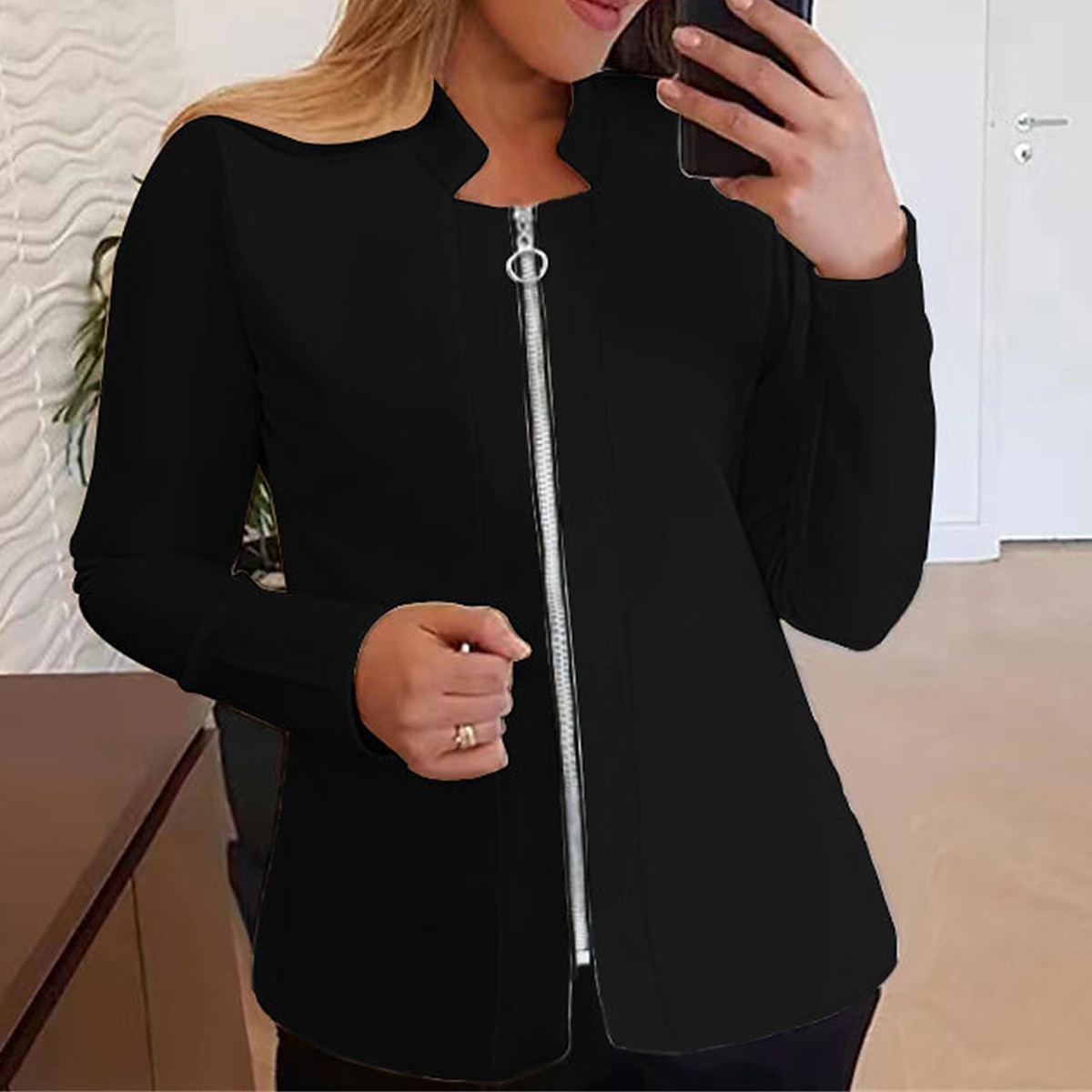 Women's Casual Jacket Outdoor Zipper Plain Warm Fashion Regular Fit Outerwear Long Sleeve