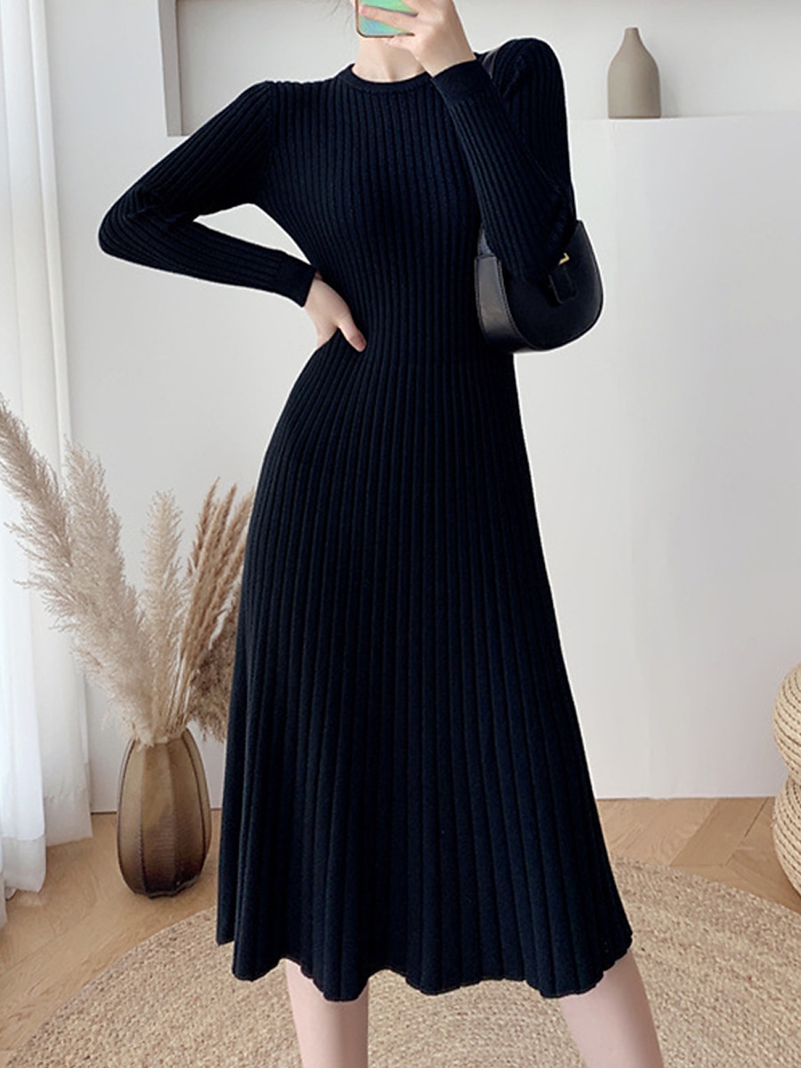 Women's Sweater Dress Jumper Dress Casual Dress Midi Dress Fashion Pure Color Outdoor Daily Going out Crew Neck Long Sleeve