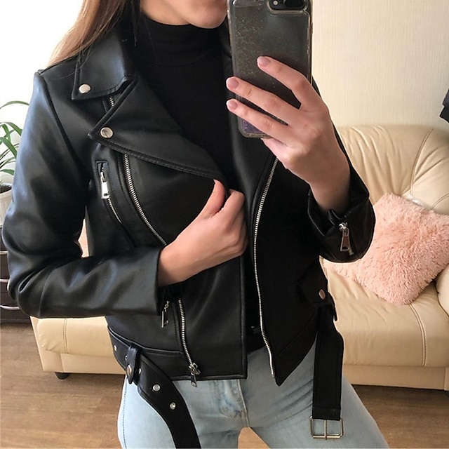 Women's Leather Jacket Full Zip Faux Motorcycle Jacket Moto Biker Coat Waterproof Streetwear Regular Fit Outerwear Long Sleeve