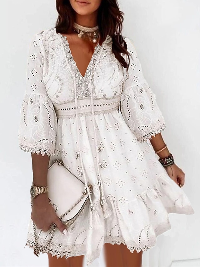 Women's Casual Dress Cotton Dress A Line Dress Mini Dress Cotton Fashion Modern Outdoor Daily Vacation V Neck Ruffle Embroidered 3/4 Length Sleeve Summer Spring Fall 2023 Regular Fit White Apricot